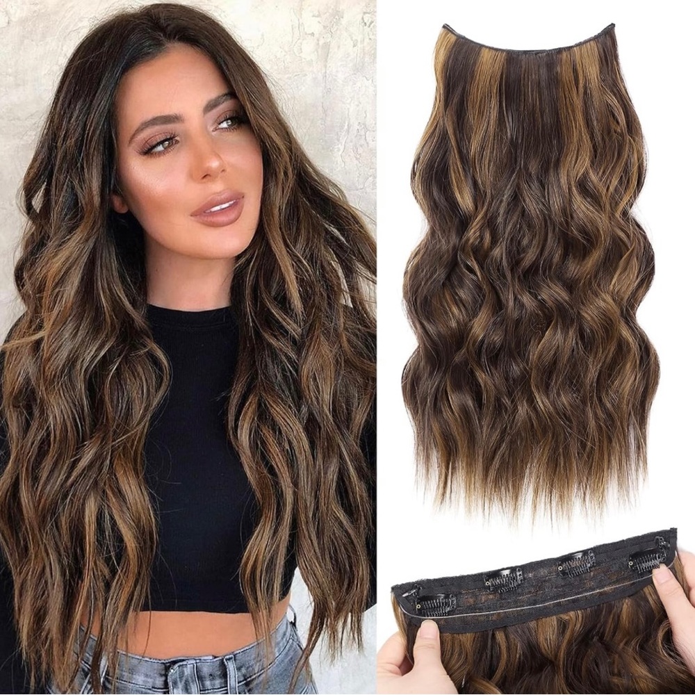 - Human hair blend invisible wire hair extensions with 4 secure clips